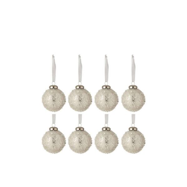 BOX OF 8 CHRISTMAS BAUBLES PEARL GLASS WHITE/SILVER SMALL