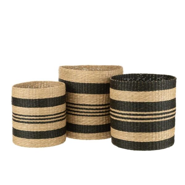 SET 3 BASKETS STRIPED SEAGRASS BLACK