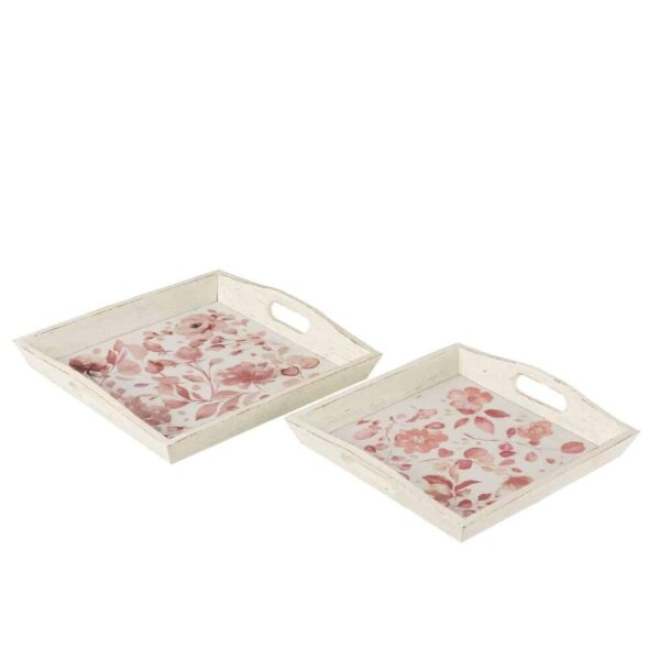 SET OF TWO TRAY ROSES WOOD WHITE/PINK