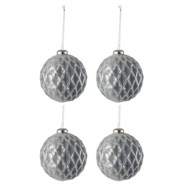 BOX OF 4 CHRISTMAS BAUBLE DIAMOND-PATTERNED GLASS ANTIQUE GREY LARGE