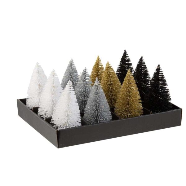 DISPLAY 12CHRISTMAS TREE+LED GLITTER PLASTIC BLACK/SILVER/GOLD