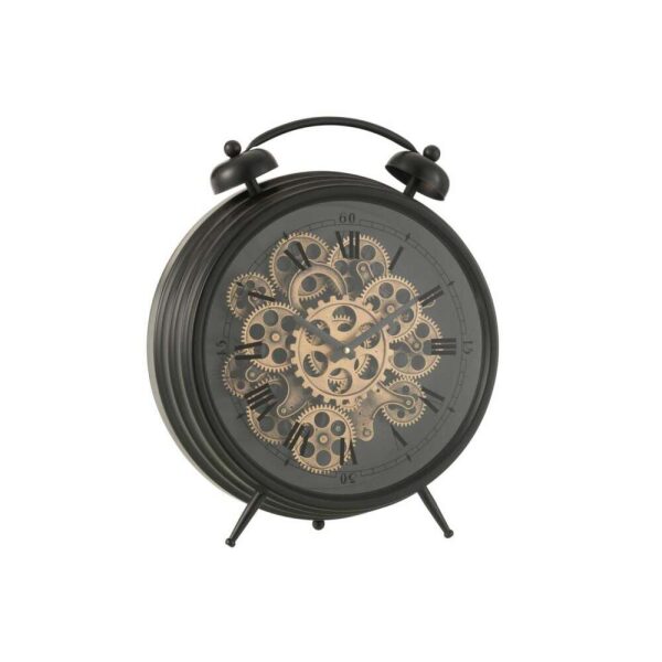 CLOCK ALARM ROMAN NUMERALS GEARS METAL BLACK LARGE