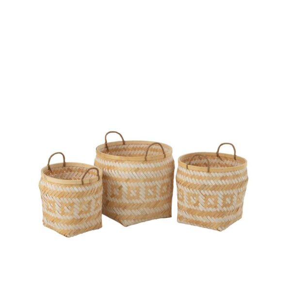 SET OF 3 BASKET PATTERNS HANDLES BAMBOO NATURAL/WHITE