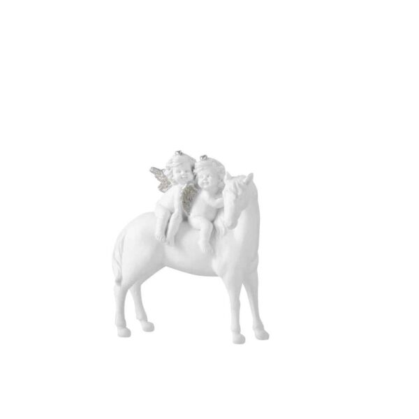 HORSE WITH 2 ANGELS POLY WHITE/SILVER SMALL