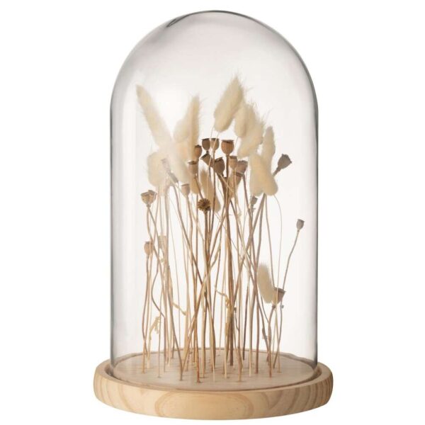 BELL JAR DRIED FLOWERS ECRU/BROWN GLASS WOOD LARGE