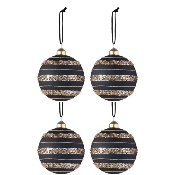 BOX OF 4 CHRISTMAS BAUBLES SEQUINS GLASS MATT BLACK/GOLD MEDIUM