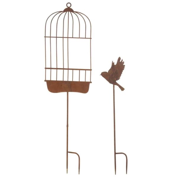 SET OF 2 DECORATION GARDEN CAGE+BIRD IRON RUST