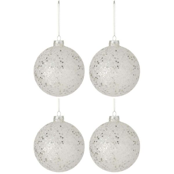 BOX OF 4 CHRISTMAS BAUBLES STARS GLASS SILVER LARGE