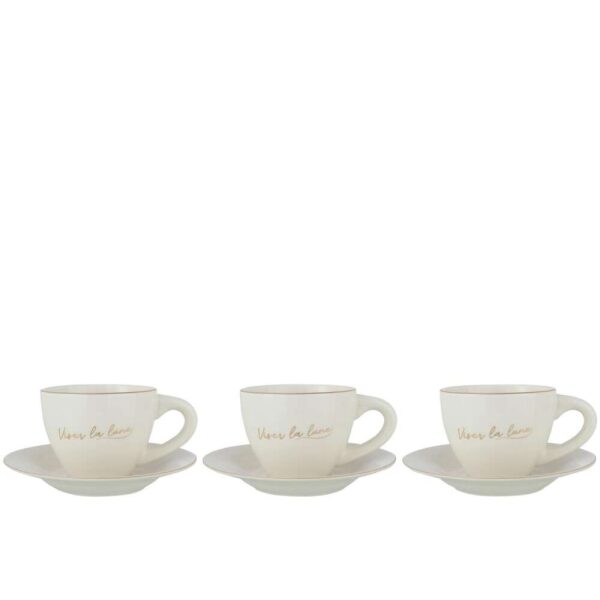 BOX OF 3 CUP+SAUCER PORCELAIN VISER LA LUNE WHITE/GOLD