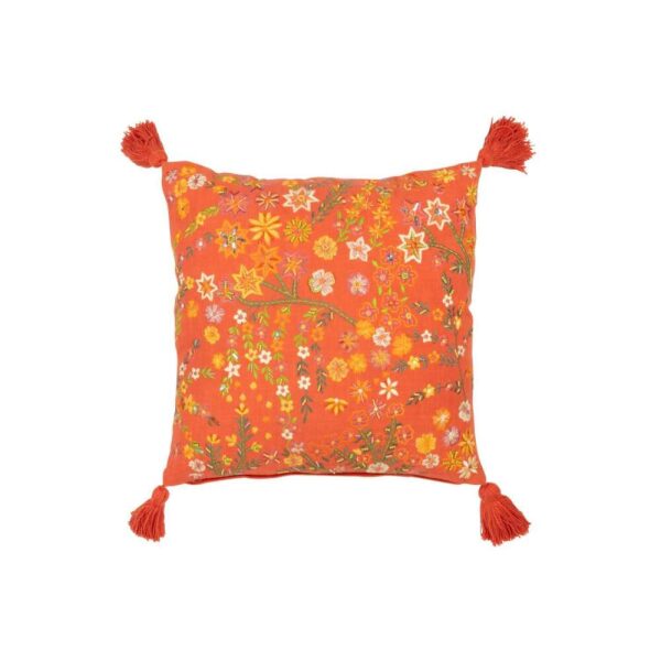 CUSHION SQUARE FLOWERS+TASSELS COTTON ORANGE