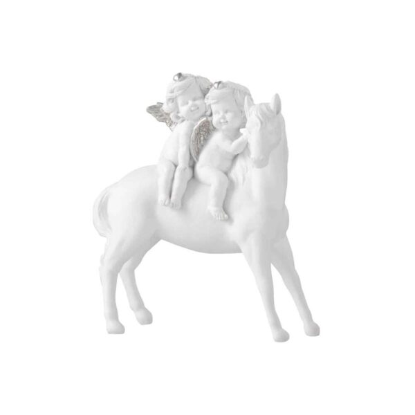 HORSE WITH 2 ANGELS POLY WHITE/SILVER LARGE