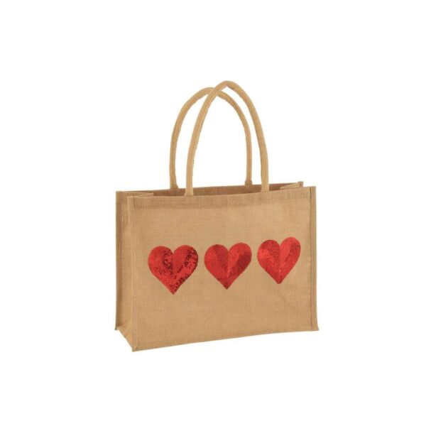 BAG 3 HEARTS SEQUIN JUTE NATURAL/RED