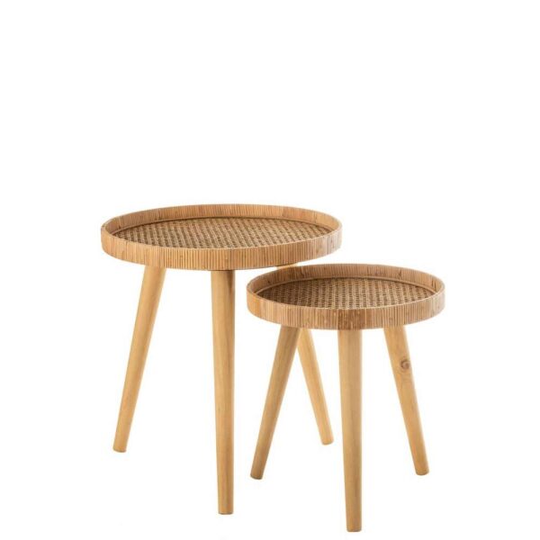 SET OF 2 SIDETABLES ROUND TRIPOD RATTAN NATURAL