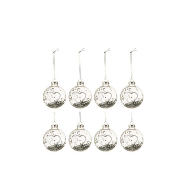 BOX OF 8 CHRISTMAS BAUBLES HEART GLASS CLEAR SILVER SMALL