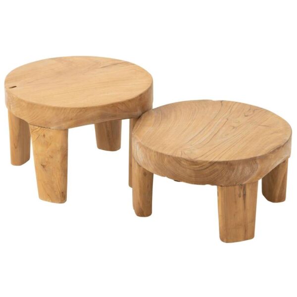 SET OF 2 TABLE ROUND TEAK WOOD NATURAL