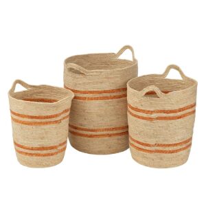 SET OF 3 BASKET STRIPES+HANDLE CORN HUSK NATURAL/ORANGE