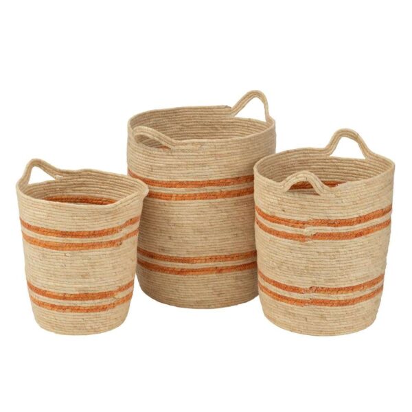 SET OF 3 BASKET STRIPES+HANDLE CORN HUSK NATURAL/ORANGE