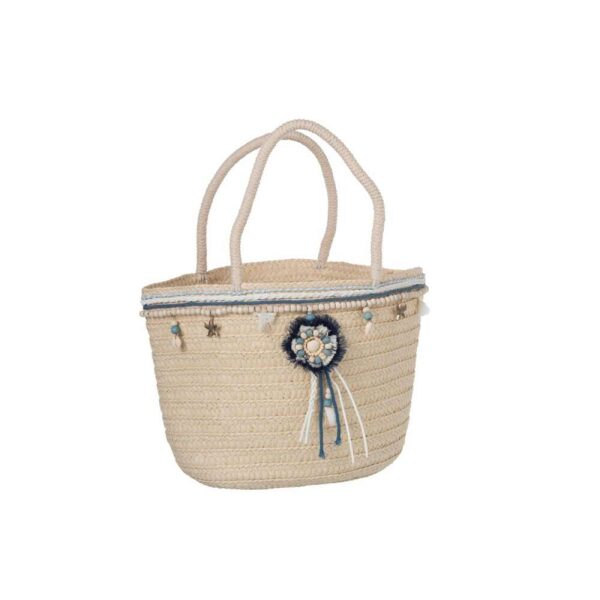 BEACH BAG PEARLS TASSEL BLUE/ECRU