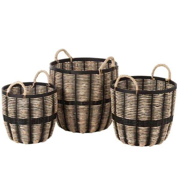 SET OF 3 BASKETS ROPE/RATTAN BLACK/NATURAL