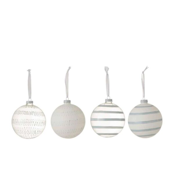 BOX OF 4 CHRISTMAS BAUBLES CARTEL 2GLASS CLEAR/2OPAL WHITE/BLUE LARGE ASSORTMENT OF 2