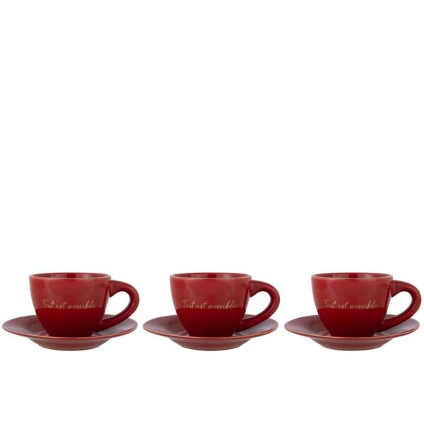BOX OF 3 CUP+SAUCER PORCELAIN TOUT EST POSSIBLE RED/GOLD