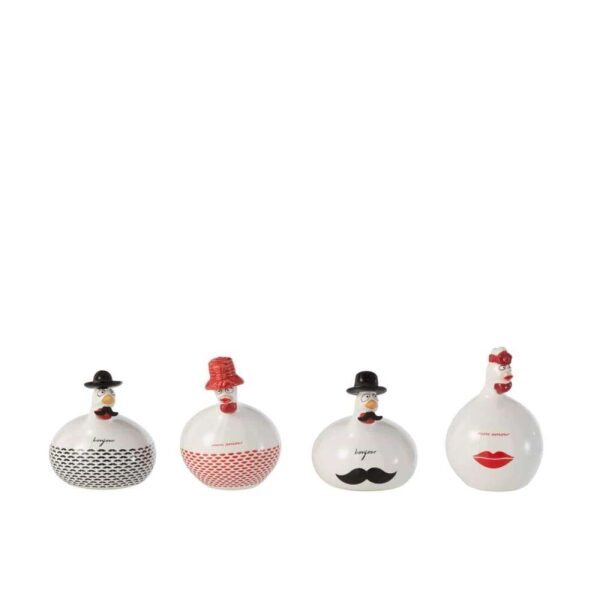CHICKEN BONJOUR/MON AMOUR CERAMIC WHITE/RED/BLACK SMALL ASSORTMENT OF 4