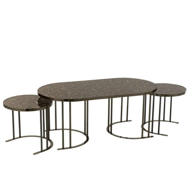SET OF 3 SIDE TABLE OVAL SILVER/BROWN METAL/MDF