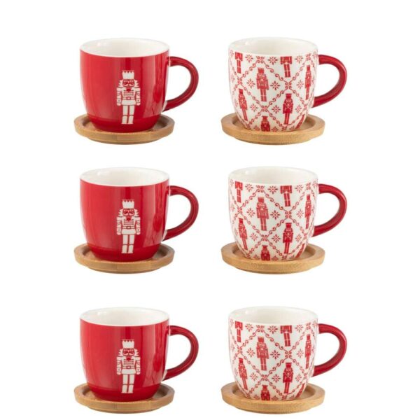 BOX OF 6 COFFEE CUP+BAMBOO SAUCER NUTCRACKERS WINDOWNBOX CERANMICS RED