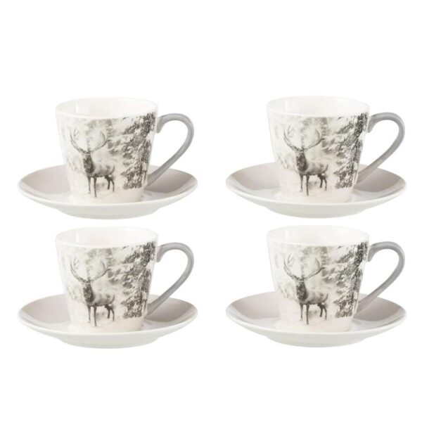 BOX OF 4 TEA CUP+SAUCER REINDEER WINDOWNBOX CERANMICS GREY LARGE