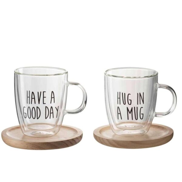 MUG ON BASE TEXT GLASS/WOOD TRANSPARENT/BLACK/NATURAL ASSORTMENT OF 2