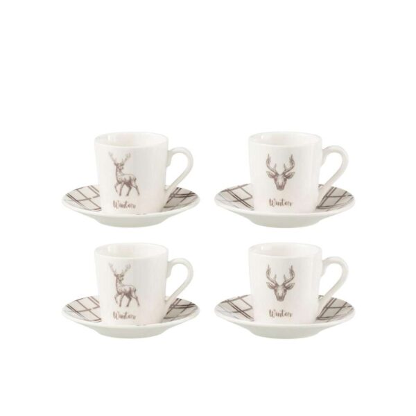 BOX OF 4 COFFEE CUP+SAUCER REINDEER WINDOWNBOX CERANMICS WHITE/BROWN SMALL