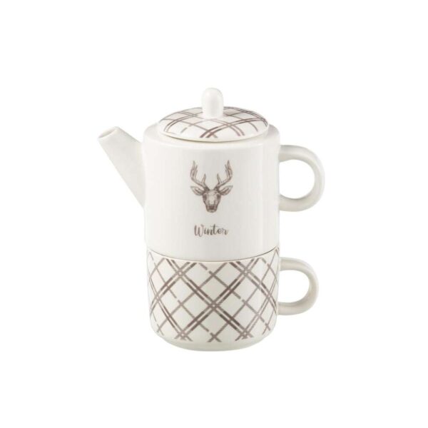 TEA POT+CUP REINDEER WINDOWNBOX CERANMICS WHITE/BROWN