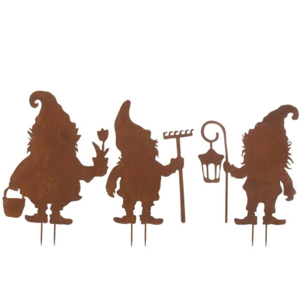 DECORATION GARDEN GNOME IRON RUST LARGE ASSORTMENT OF 3