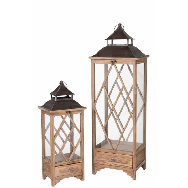 SET OF 2 LANTERN RHOMBUS SPRUCEWOOD/METAL LIGHT BROWN/BLACK