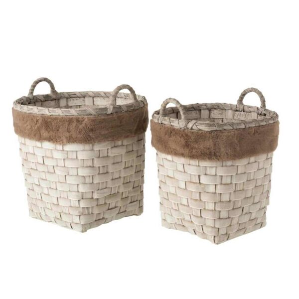 SET OF 2 BASKETS ROUND WITH HANDLES IMITATION FUR DETACHABLE RATTAN FLAT BROWN