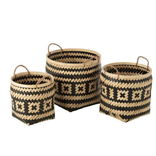 SET OF 3 BASKET PATTERNS HANDLES BAMBOO NATURAL/BLACK