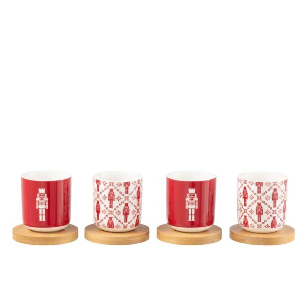 BOX OF 4 COFFEE CUP+BAMBOO SAUCER NUTCRACKERS WINDOWNBOX CERANMICS RED