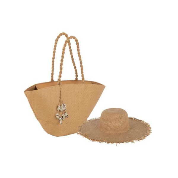 SET OF 2 BEACH BAG WITH SHELLS + HAT PAPER LIGHT BROWN