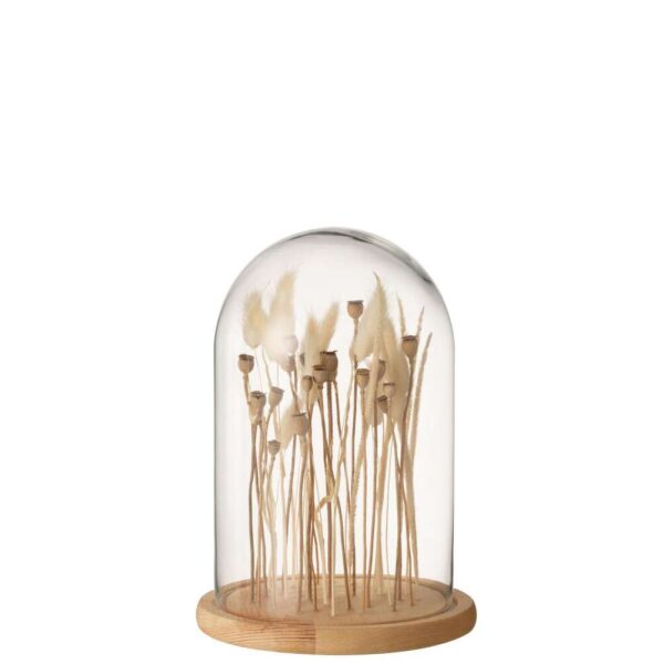 BELL JAR DRIED FLOWERS ECRU/BROWN GLASS WOOD SMALL