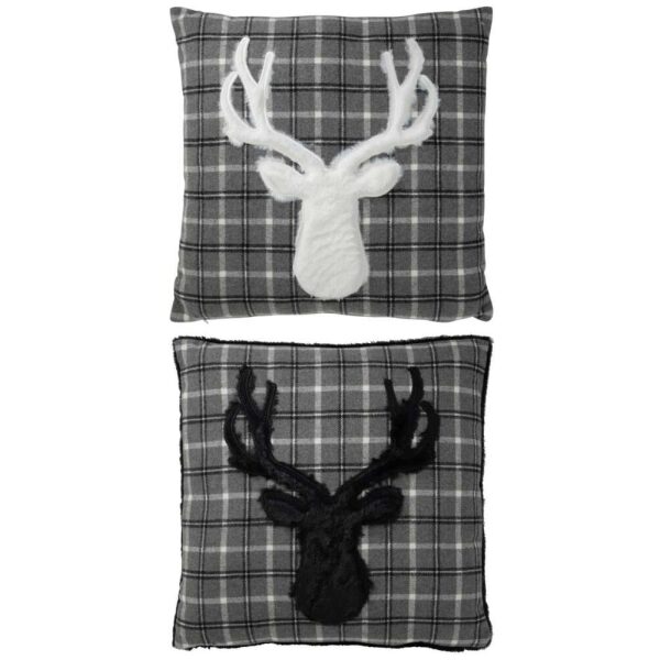 CUSHION EMBROIDERY DEER TILES POLYESTER BLACK/WHITE ASS2