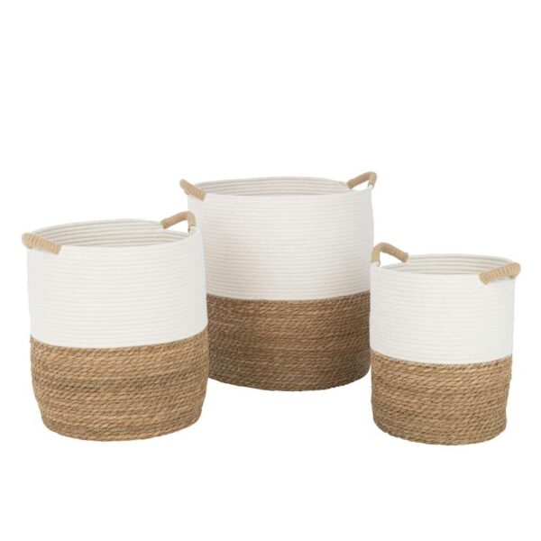 SET OF 3 BASKET ROUND HANDLES TEXTILE WHITE/NATURAL