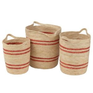 SET OF 3 BASKET STRIPES+HANDLE CORN HUSK NATURAL/RED