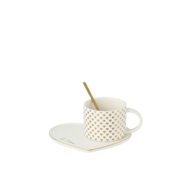 MUG+SAUCER+SPOON HEART CERAMIC WHITE/GOLD