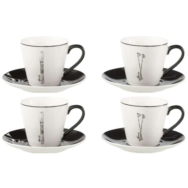 BOX OF 4 TEA CUP+SAUCER WINDOWNBOX CERANMICS BLACK/WHITE LARGE