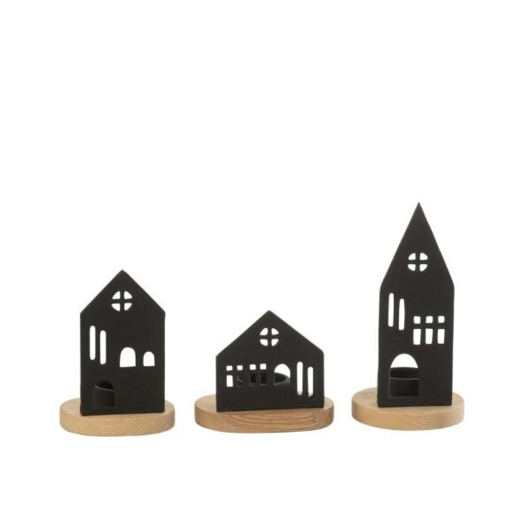CANDLEHOLDER HOUSE ALUMINIUM/WOOD BLACK/NATURAL ASSORTMENT OF 3