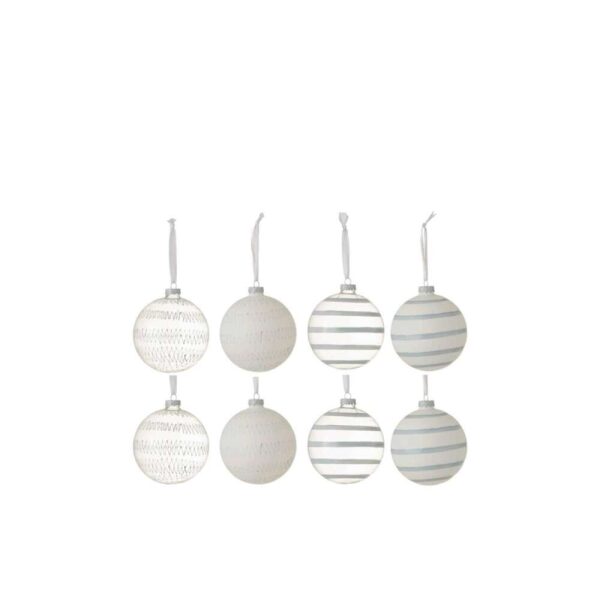BOX OF 8 CHRISTMAS BAUBLES CARTEL 4GLASS CLEAR/4OPAL WHITE/BLUE SMALL ASSORTMENT OF 2