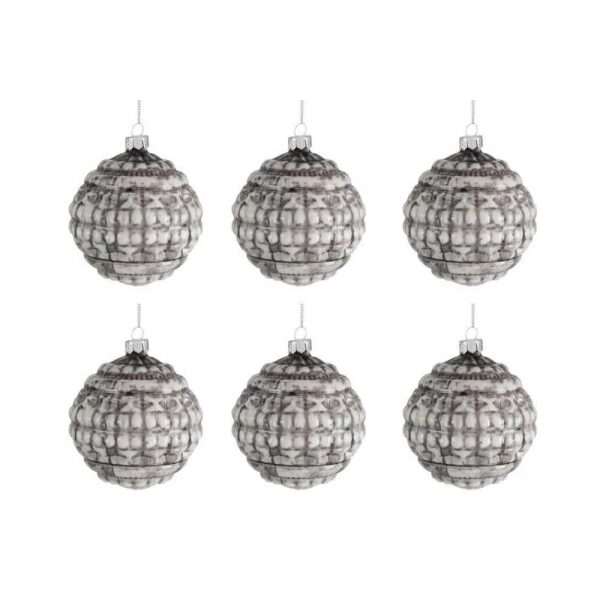 BOX OF 6 BAUBLE ROUND PRINT GLASS GREEN/BEIGE SMALL 8CM