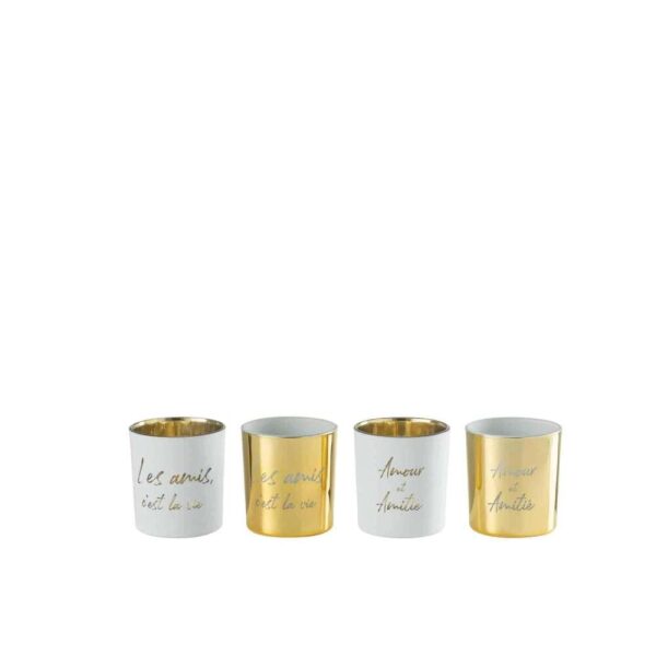 TEALIGHT HOLDER TEXT GLASS GOLD/SILVER SMALL ASSORTMENT OF 4