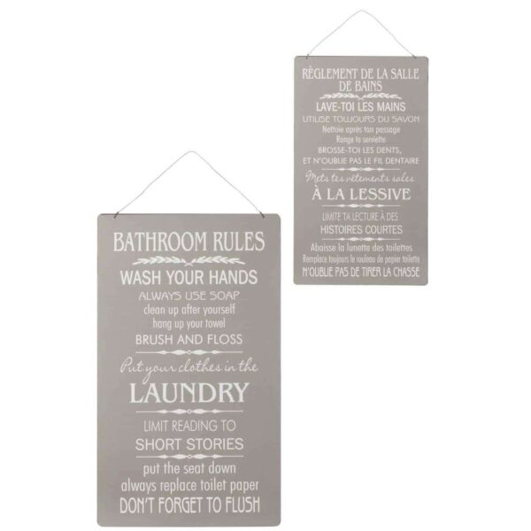 PLACARD SALLE DE BAIN/BATHROOM ENGLISH/FRENCH METAL GREY/WHITE ASSORTMENT OF 2