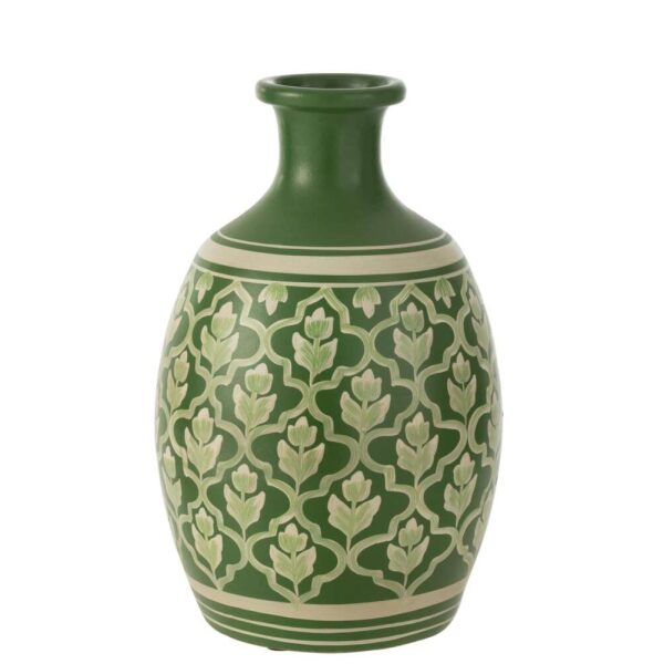 VASE FLOWERS+LINES TERRACOTTA GREEN/WHITE